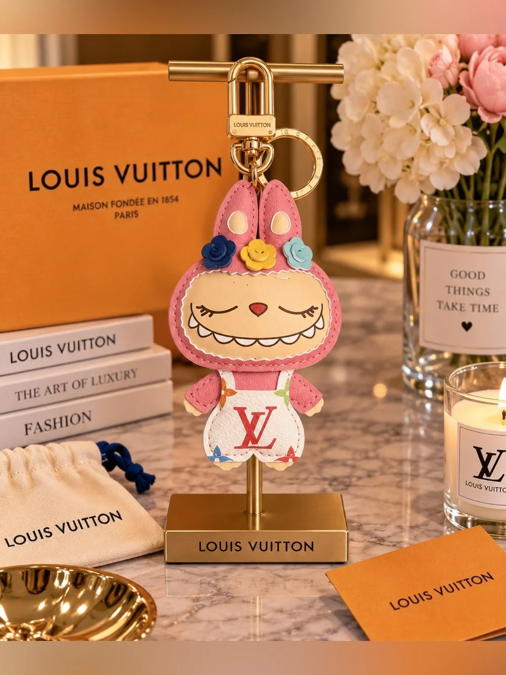 Pink Bunny Bag Charm with Multicolor Flower Accents